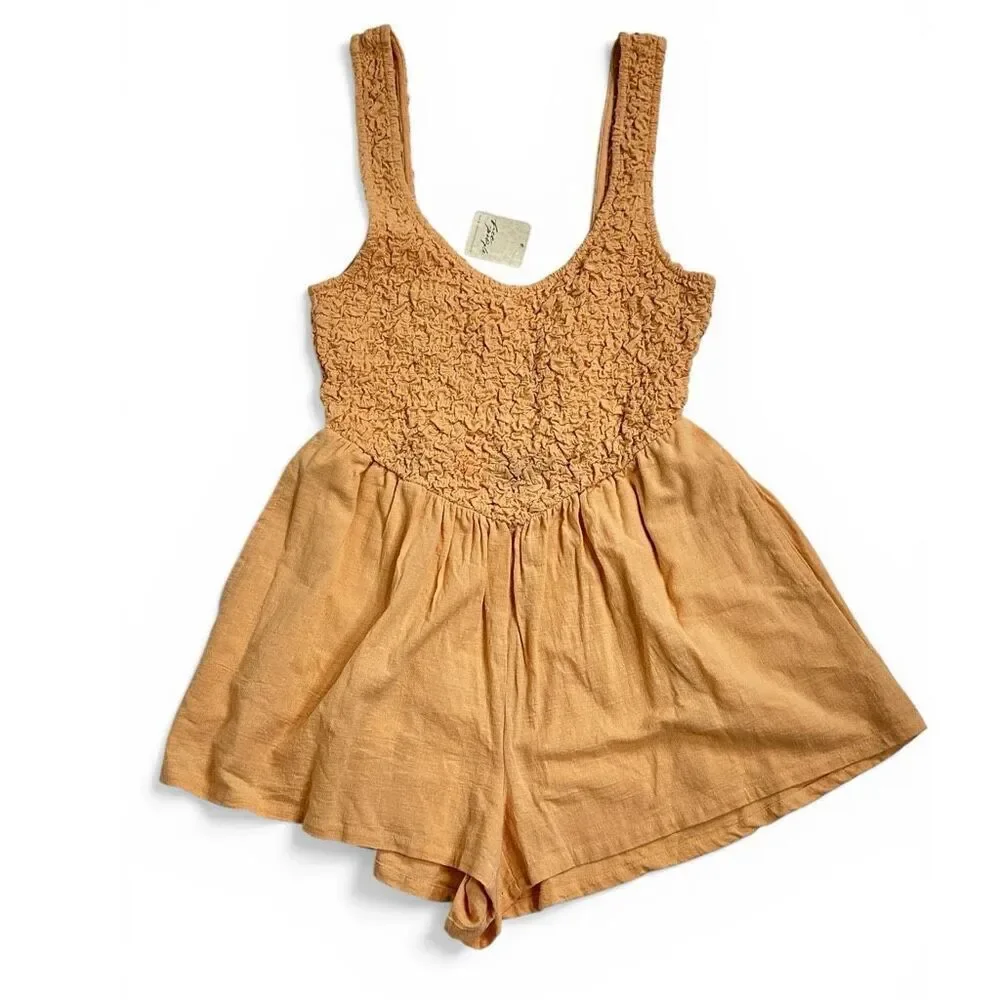 Free People Juliette Smocked Romper Sz S Cotton Gauze Boho Coquette Beachy NWT